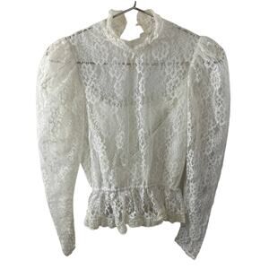 VINTAGE Victorian White Lace Ruffle Peplum Blouse Floral High Neck Back Button